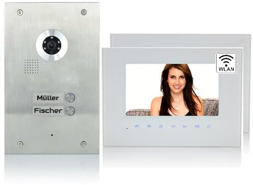MATHFEL 2 Familienhaus 2 Draht Bus Video Türsprechanlage 7'' Monitor Kamera 170° Edelstahl, Monitore in Glas, 2x7'' Monitor Spiegel mit WLAN Außenstation Silber