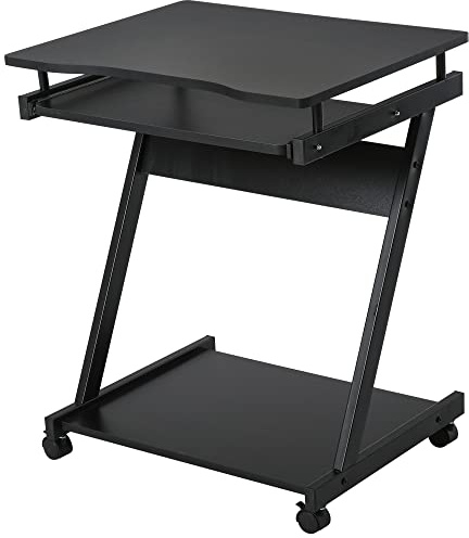 HOMCOM Scrivania per Computer Porta PC Classico e Salvaspazio, Scrivania per cameretta con Piano Tastiera a Scomparsa, 4 Ruote e Ripiano Inferiore Nero 60x48x73cm