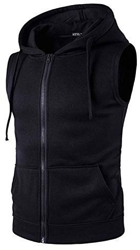 STTLZMC Uomo Felpa Smanicata con Cappuccio Fitness Muscolo Vest Tops con Zip Fino Gilet Casual,Nero,L