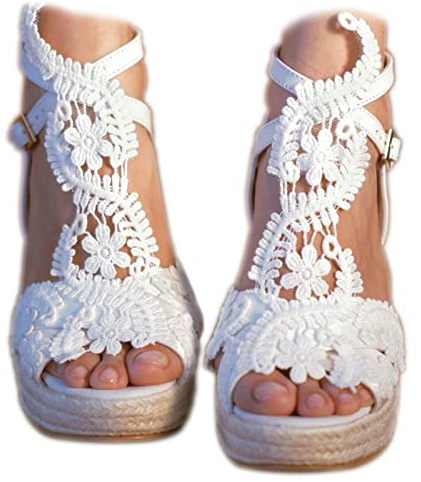 MiLanolce Women's Platform Sandals Wedge Open Toe Ankle Strap lace Wedding Shoes Bridesmaid Shoes,White,size-11