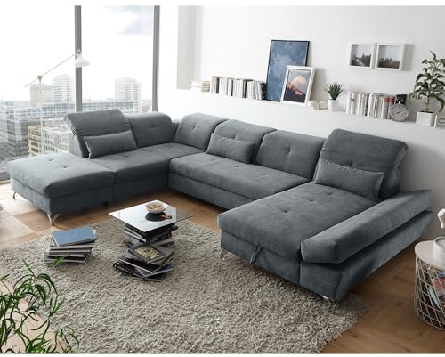 Lomadox Wohnlandschaft mit verstellbaren Kopfstützen und Schlaffunktion in Mikrovelours anthrazit | Sofa in U-Form mit Bettkasten Links
