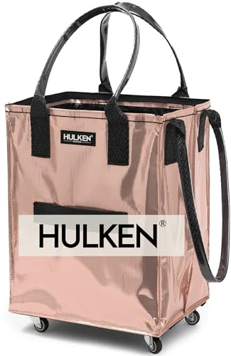 HULKEN - Medium Rose Gold Shopping Trolley on Wheels Foldable & Reusable - Rolling Shopping Bag with Wheels - Wheeled Tote - 66 lb Limit, Zipper Closure, Water-Resistance, & Unbreakable Handles