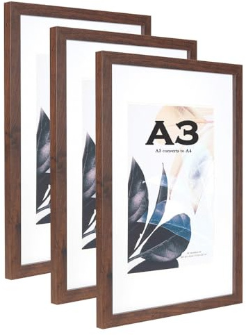 Walnut Wooden Picture Frame A3 with Mat,Set of 3, Mount for A4 Picture or Certificate,Wall Mountable…