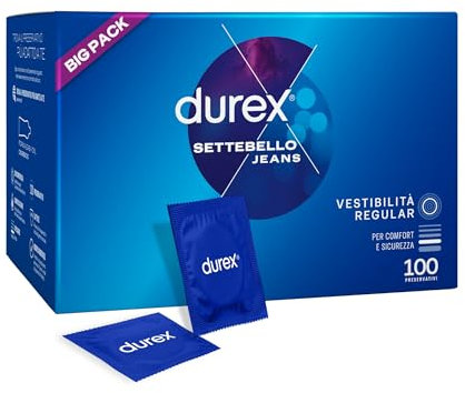 Durex Settebello Jeans, Preservativi Classici, Formato Convenienza, 100 Profilattici