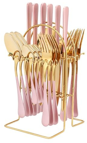 24 Pieces Cutlery Set with Holder, Stainless Steel Knife Fork Spoon Flatware Set, Gold Mirror Polishing Flatware Set Service for 6, Hanging Cutlery Set with Stand (Pink Gold)