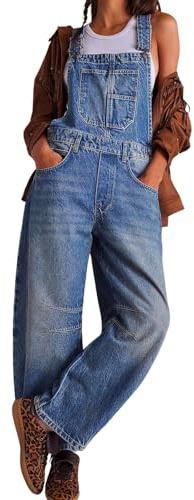 CHARTOU Women Casual Denim Bib Overalls Baggy Barrel Jeans Y2k Wide Leg Denim Jumpsuit Mid Rise Boyfriend Harem Pants, Dark Blue, X-Large