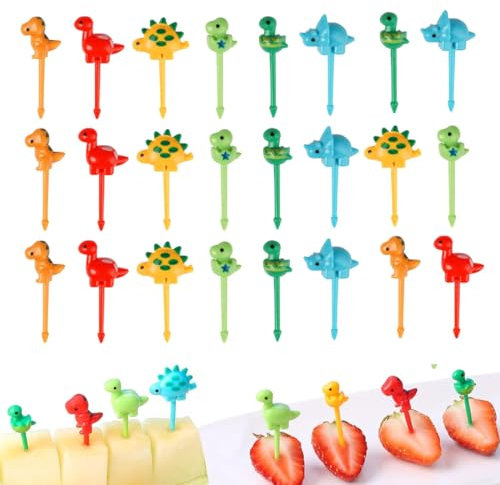 CPJJ 24 Pezzi Forchettine da Frutta Bambini,Forchette Bambini, 3D Dinosauri Forchettine Animali Mini Forchette Plastica Colorate Forchettine da Dolce per Alimenti, Frutta, Cocktail e Panini