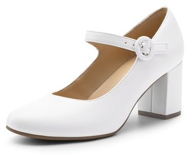 DREAM PAIRS Women's Mary Jane Heels Close Toe Dress Pumps Comfortable Office Work Dress Shoes for Women DWUMPU2528,Size 9,White,DWUMPU2528