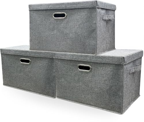 TempFoo Storage Boxes with Lids Fabric, 3pc 38 L Collapsible Grey Large | Stackable Cube Storage Box, Bedroom Foldable Wardrobe Shelves Organiser Decorative Baskets are used to Store Clothes Toys