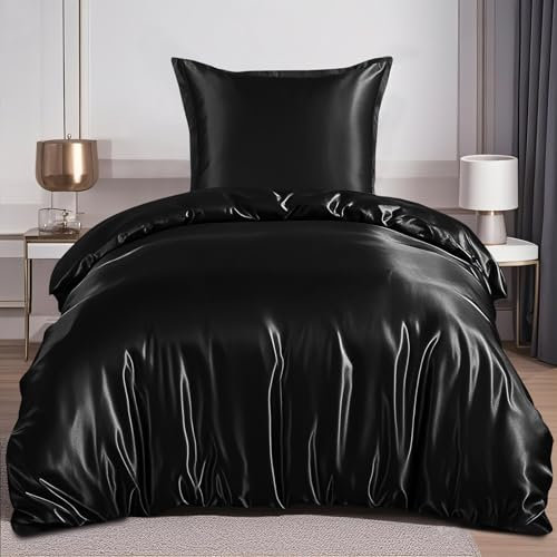 RUIKASI Satin Bettwäsche 135x200 Schwarz - Seidig Luxus Bettbezug mit Glanz wie Seiden Bettwäsche Set für Haar und Haut, Glänzend Bettwäsche 135x200cm mit Reißverschluss und Kissenbezug 80x80cm
