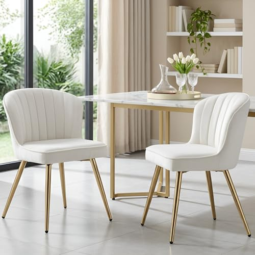 Ya-Home Juego de 2 Sillas de Comedor Moderno de Terciopelo con Asiento Tapizado, Sillas de Cocina Nórdico con Patas de Metal, Sillas Tocador para Salon/Restaurante,Beige