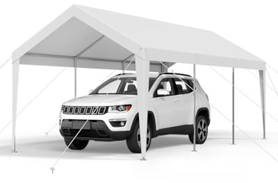 VEVOR Carport, 3,05 x 6,09 m, Abri de Voiture Robuste avec Cadre en Acier, Abri de Garage Extérieur, Résistant aux UV et à l'eau, Protection Toutes Saisons, Auvent pour Voiture, Bateau, Moto, Blanc