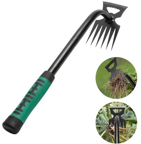 poraceous Extractor de Malas Hierbas, Rastrillo Jardín, Herramientas Jardinería, Herramienta de Deshierbe Manual con Mango Antideslizante, para Quitar Dientes de León, Cardos Otras Malezas(6 Dientes)