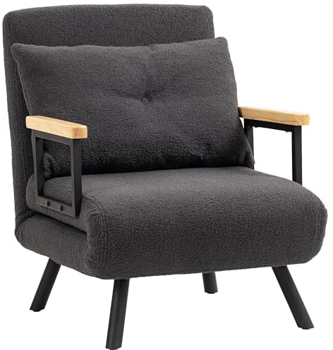 HOMCOM Sofá Cama de 1 Plaza Sofá Cama Plegable Tapizado en Borreguito con Respaldo Ajustable de 5 Niveles y Almohada Acolchada para Oficina Dormitorio Salón 63x73x81 cm Gris Oscuro