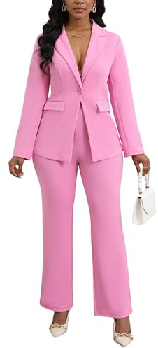 Womens 2 Piece Pant Suits Dressy Blazer Jacket Flare Pants Set Casual Business Suiting Formal Work Office Outfits Pink