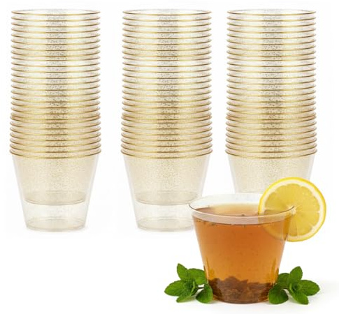 Tyawula 50Pcs Clear Plastic Cups, 270ml Gold Glitter Plastic Tumblers Reusable Drink Cups Elegant Party Wine Glasses for Cocktail Champagne Martini Juice Beer Cocktail Soda Dessert(7 x 8.5cm)