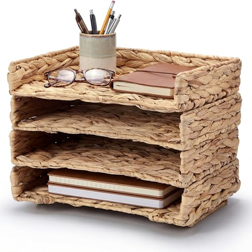 Yeaqee 4 Pcs Stackable Water Hyacinth Letter Tray, 13.4 L x 10 W x 2.4 H A4 File Paper Organizer, Woven Desk Storage Mail Basket for Office Home Magazine Document