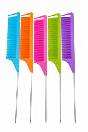 5PCS Tail Comb Set - Anti Static Rat Tail Hair Combs - Fine Tooth Styling Combs with Metal Pintail - Salon Parting Cutting Tools (Purple Blue Rose Red Orange Green)