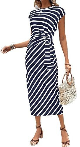 ANUFER Women's Cap Sleeve Bodycon Long Dress Casual Crewneck Waist Tie Summer Pencil Dresses