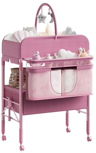 Cambiador Bebé Plegable con 2 Cajones, Altura Ajustable y Colchón Impermeable, Mueble Cambiador de Pañales Portátil con 4 Ruedas, Barra Colgante y Organizador de Guardería Salvaspazio, Rosa
