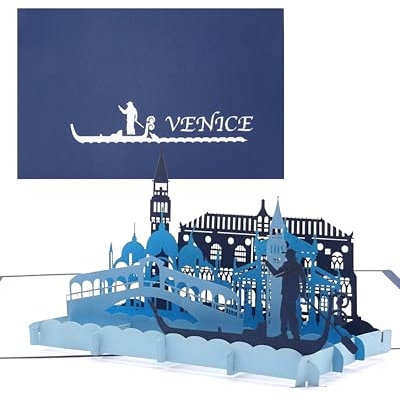 Biglietto pop-up “Venice” panorama di Venezia e giro in gondola; biglietto d’auguri 3D utilizzabile per souvenir, compleanno, buono regalo per viaggio