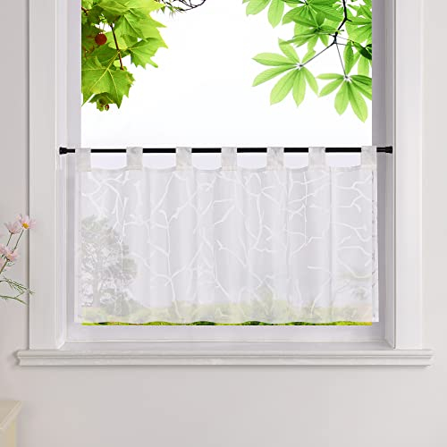 HeichkelL Ausbrenner Scheibengardine Kurzstores Transparent Schlaufen Küche Gardine Zweigemuster HxB 45x90cm Weiß