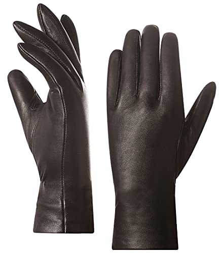 Harssidanzar Handschuhe Leder Damen,Damen Italienische Lammfell Lederhandschuhe Kaschmir Gefüttert, Braun, M