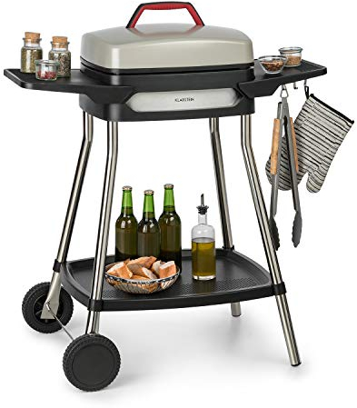 Klarstein Gatsby Gril de table électrique sur pied : 2000 W, EasyGrill Concept, surface de gril: 40 x 36 cm/aluminium moulé sous pression/antiadhésif/couvercle, deux tables d'appoint, beige/noir