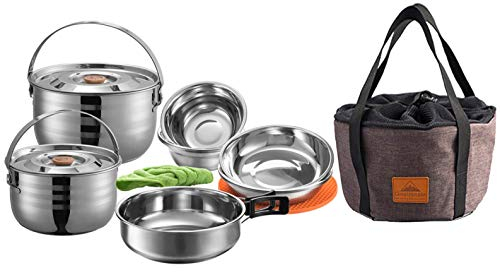 CAMPINGMOON MC210 - Juego de utensilios de cocina de acero inoxidable para exteriores, 13 piezas, juego de utensilios de cocina para apilar, ollas, sartenes y cuencos con bolsa de transporte de