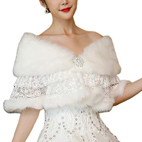 YO-HAPPY Scialle da Sposa, Donna Retro Scialle in Peluche Avvolgere Abito da Sposa Sciarpa Stole a Strati Pizzo Floreale Patchwork Bolero da Sposa Inverno Caldo Prom Party Cover