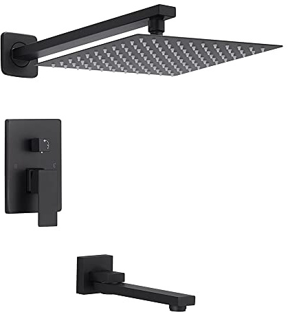 Shower System Faucet Set Square Luxury Rain Shower Head with Bathtub Swivel Tub Filler Spout Mixer Faucet Wall Mount,Bathroom Rainfall Fixed Showerhead Shower Rough-in Valve and Trim Kit,Matte Black