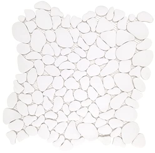 Sunwings Pebble Tile for Shower Floor Border Kitchen Bathroom Backsplash. Marble Stone Looks Wall and Floor Tile, 10 Sheets, White.