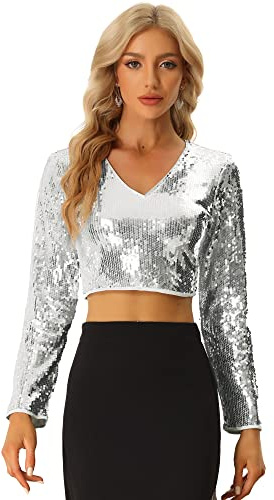 Allegra K Top Corto con Lentejuelas para Mujer de Manga Larga con Cuello en V Blusa Corta de Color Brillante para Fiestas Disfraz de Halloween Plata M