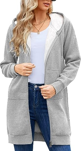 Svanco Damhuvtröja, huvtröja, sweatshirt, långärmad tröja, lång kappa, jacka, toppar, ytterkläder för höst och vinter, klassiska casual, dragkedja, fleece, extra lång, 2 fickor