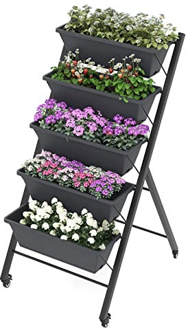 RELAX4LIFE Vertikalbeet mit 5 Blumenkästen, Vertikales Hochbeet mit 5 Etagen, Kräuterbeet mit Feststellbaren Rädern & Metallrahmen, Mobile Pflanztreppe für Balkon Garten (Schwarz, 68 x 57 x 117 cm)