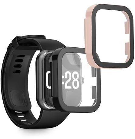 kwmobile fodral kompatibelt med Xiaomi Redmi Watch 4 fodral – 2 x härdat glas med plastram – svart/dammig rosa