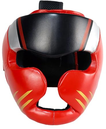 Folpus Casco da Universale per Ragazzi Ragazze Protezione Completa Orecchie Griglia Visiera Imbottito Regolabile Adatto a Karate Pugilato Drumming, Rosso l