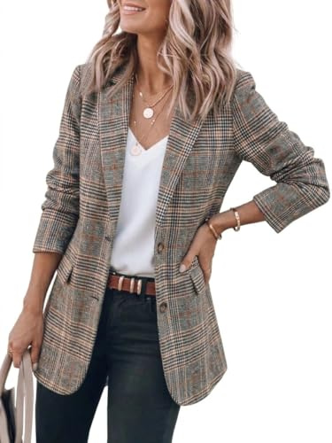 IDEALSANXUN Women's Tweed Blazer Fall Winter Casual Plaid Houndstooth Blazer Work Suit Jackets