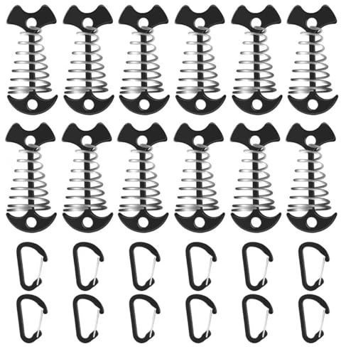 12 Pack Deck Anchors Pegs with Carabiners - Aluminum Rope Tensioner; Tent Tie Down Stakes, Windproof Canopy Tent Anchors, Outdoor Camping Accessories