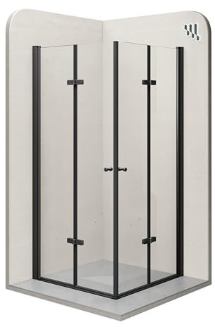 Mampara de Ducha Emma 80x120x180cmcm | REVERSIBLE | Puertas plegables, Ajuste 78,5-80,5 x 118,5-120,5cm | Perfiles negros, Cristal transparente de 6mm - Moments of Glass
