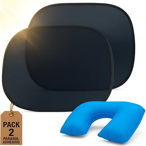 2 Parasol Ventanas Traseras Adhesivo Coche Parasoles Coches Laterales Bebe 45x37 - Parasol Coche Ventana + Almohada Viaje - para Sol Coches Lateral - Protector Solar Niños - Cortina Bebe Universal