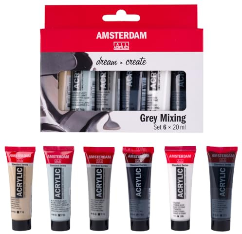 Set di Vernice Acrilica Standard Series Toni di Grigio, 6 x 20 ml, pigmenti di alta qualità, colori versatili, resistente alla luce, formula durevole, equilibrio perfetto nei toni di grigio.