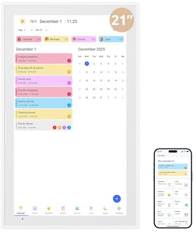 Dragon Touch Digital Calendar 21.5 Inch Touch Screen, Electronic Wall Calendar Chore Chart for Family Monthly/Weekly Planner, Interactive Display for Home Organization, Desk Mount Included - White