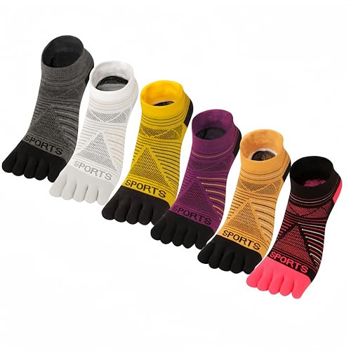 DOLAFO Women's Running Socks Toe Five Finger Cotton Ankle Trainer Socks Breathable Comfortable Sweat-Wicking, for Daily, Training, Fitness, 6 Pairs (UK, Numeric, 3, 8, Regular, Regular, Style 5)