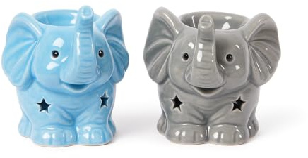 Juego de 2 quemadores de aceite de elefante, lámparas aromáticas de cerámica azul y gris, 10 x 8 cm, soporte de cera de elefante y aceite esencial, bonito quemador de velas de té de animales para