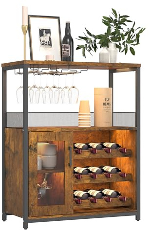 Towallmark Industrial Weinschrank Weinregal mit LED Licht, verstellbarem Weinregal und Glashalter, Barschrank für Getränkeaufbewahrung, moderner Weinbarschrank für Küche, Esszimmer und Wohnzimmer