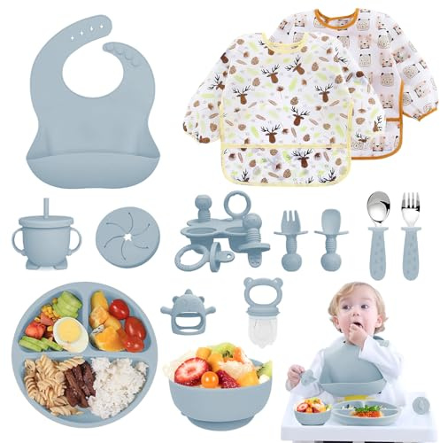 Vajilla Bebe Silicona, 14 Piezas Juegos de Vajilla Bebe Antideslizante con Platos Cuenco Babero Cuchara Bebe Taza, Cubiertos Bebe, Baby Led Weaning, Sin BPA, Cubiertos Infantiles (Azul)