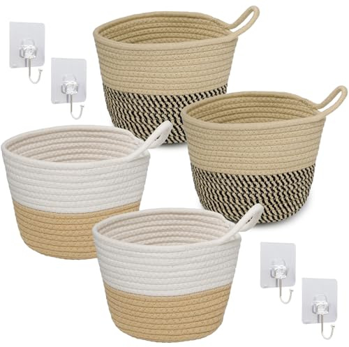 Keboyoe 4 Pezzi Cesti Intrecciati Portaoggetti in Corda di Cotone, 15 x 16 cm Cesto Rotondo Corda Piccolo con Manico, Cesti Sospesi da Parete per Armadio, comodino, bagno, camera da letto, soggiorno