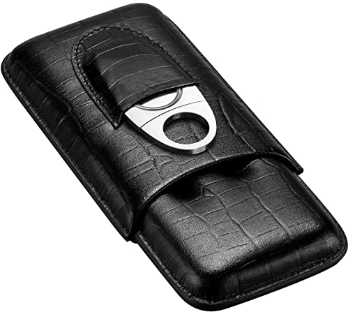 CIGARLOONG Zigarrenetui Leder Zigarren Travel Humidor Unterkunft Zu 3 Zigarren mit Zigarrenschneider(Farbe:Schwarz)