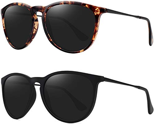 WOWSUN Polarisierte Sonnenbrille für Damen Vintage Retro Runde verspiegelte Gläser-(2 Pack) Alles Schwarz + Schildpatt/Grau